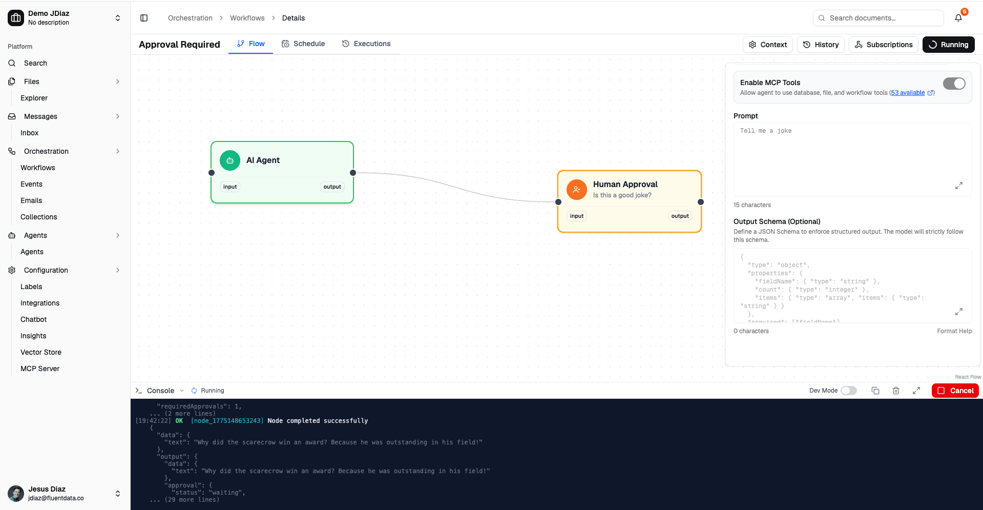 A dotDash workflow: an AI agent node wired to a human approval step, with the agent's prompt and output schema alongside